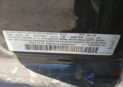 2006 Volkswagen Jetta 2.5 from USA, damaged, VIN 3VWSG71K46M655181